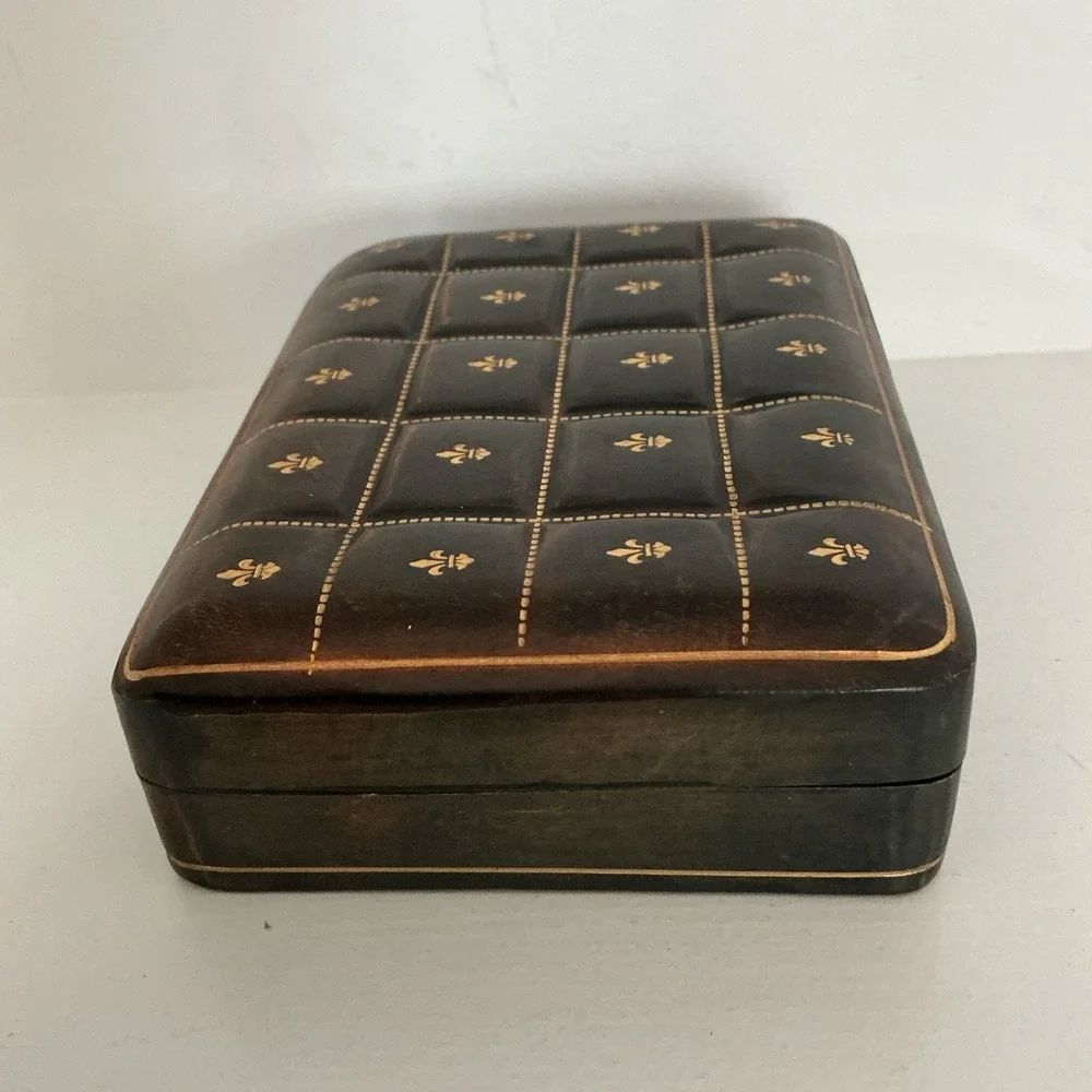 Vtg Italian Leather Jewelry Trinket Box Fleur de lis 5.5
